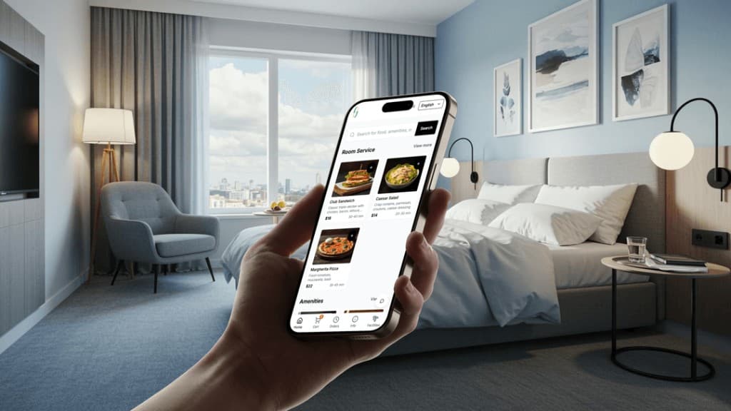 Guest holding a smartphone showing the Virtus Guest Service app in a modern hotel room.