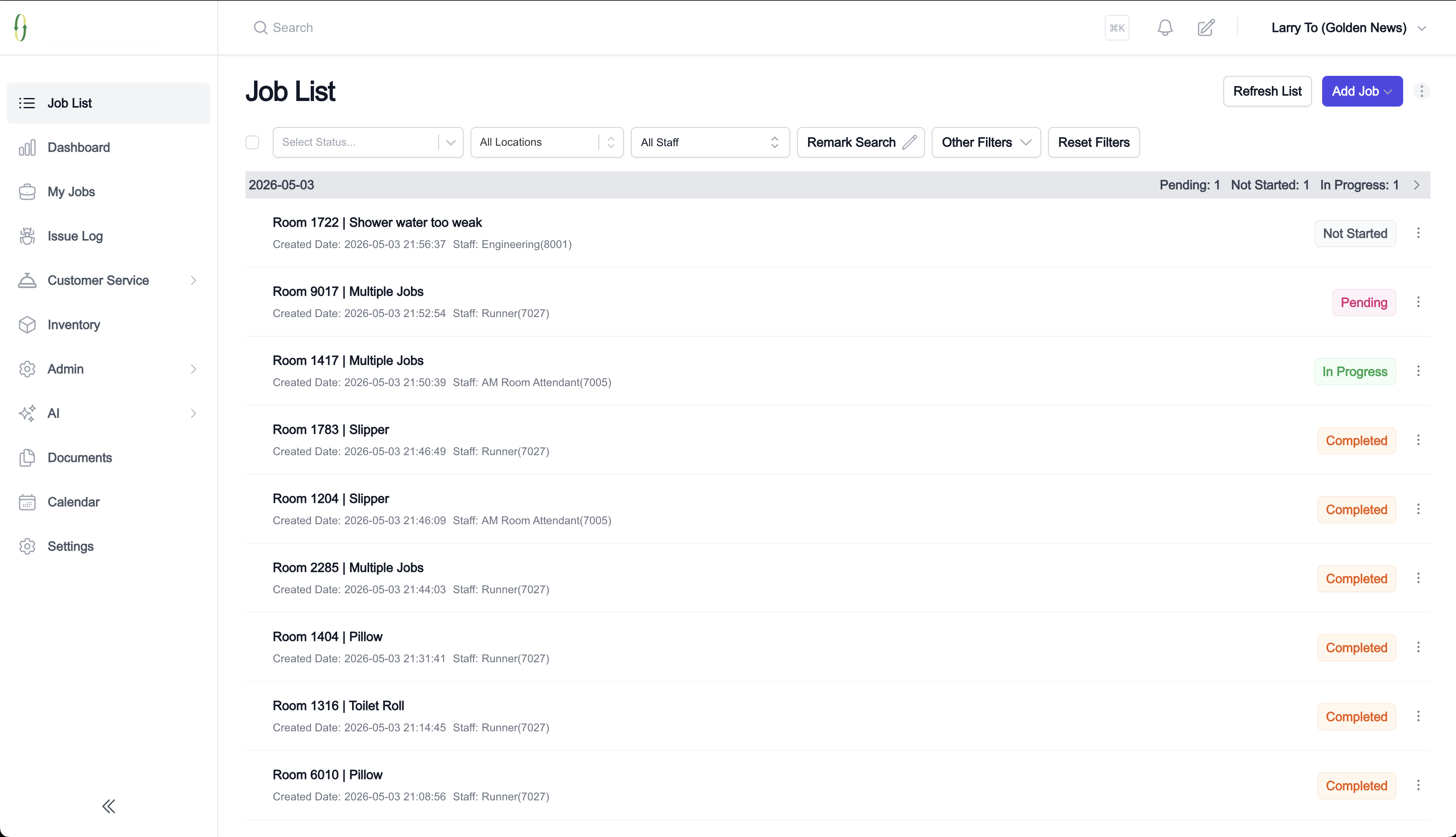 Virtus job list dashboard with pending and completed housekeeping tasks